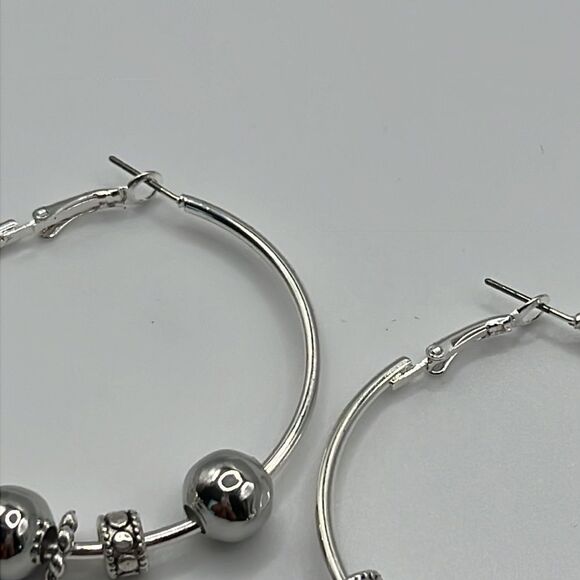 Silver-tone Shiny 6 Beads 2” Hoop Earrings - Picture 11 of 13